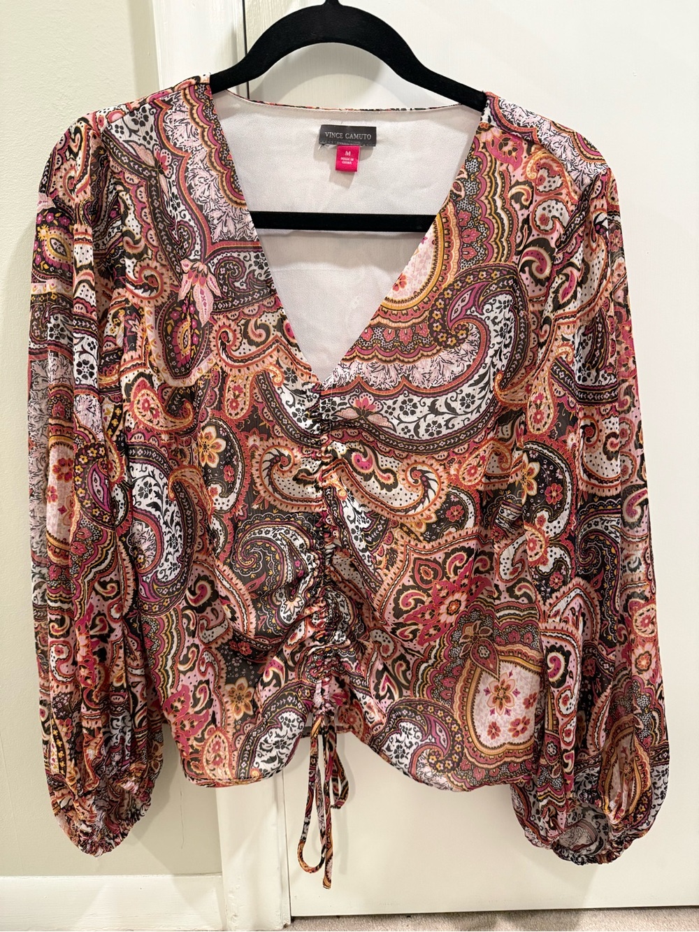 Vince Camuto Pink Paisley Drawstring V-Neck Blouse